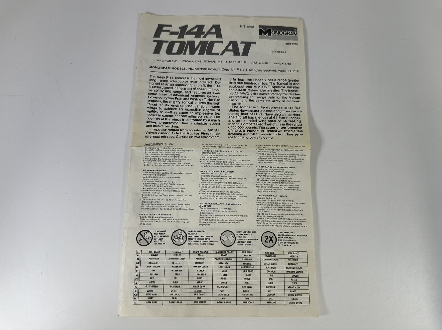 Monogram 5803 F-14A Tomcat, 1:48 Scale