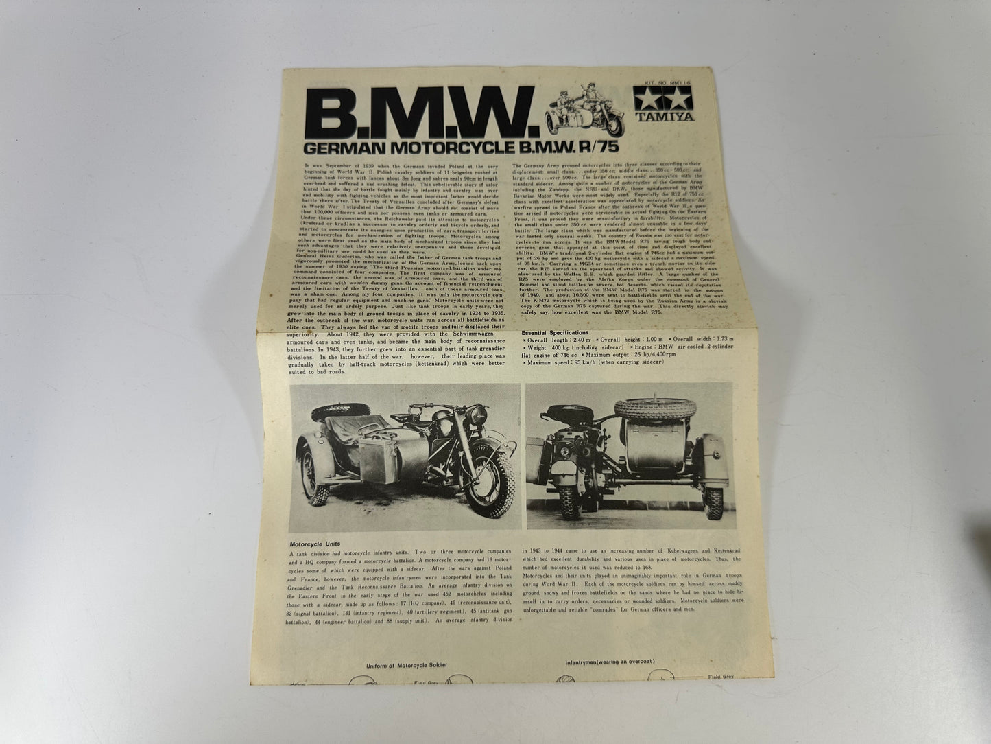 Tamiya MM116 B.M.W. R75 German Motorcycle with Side Car, 1:35 Scale