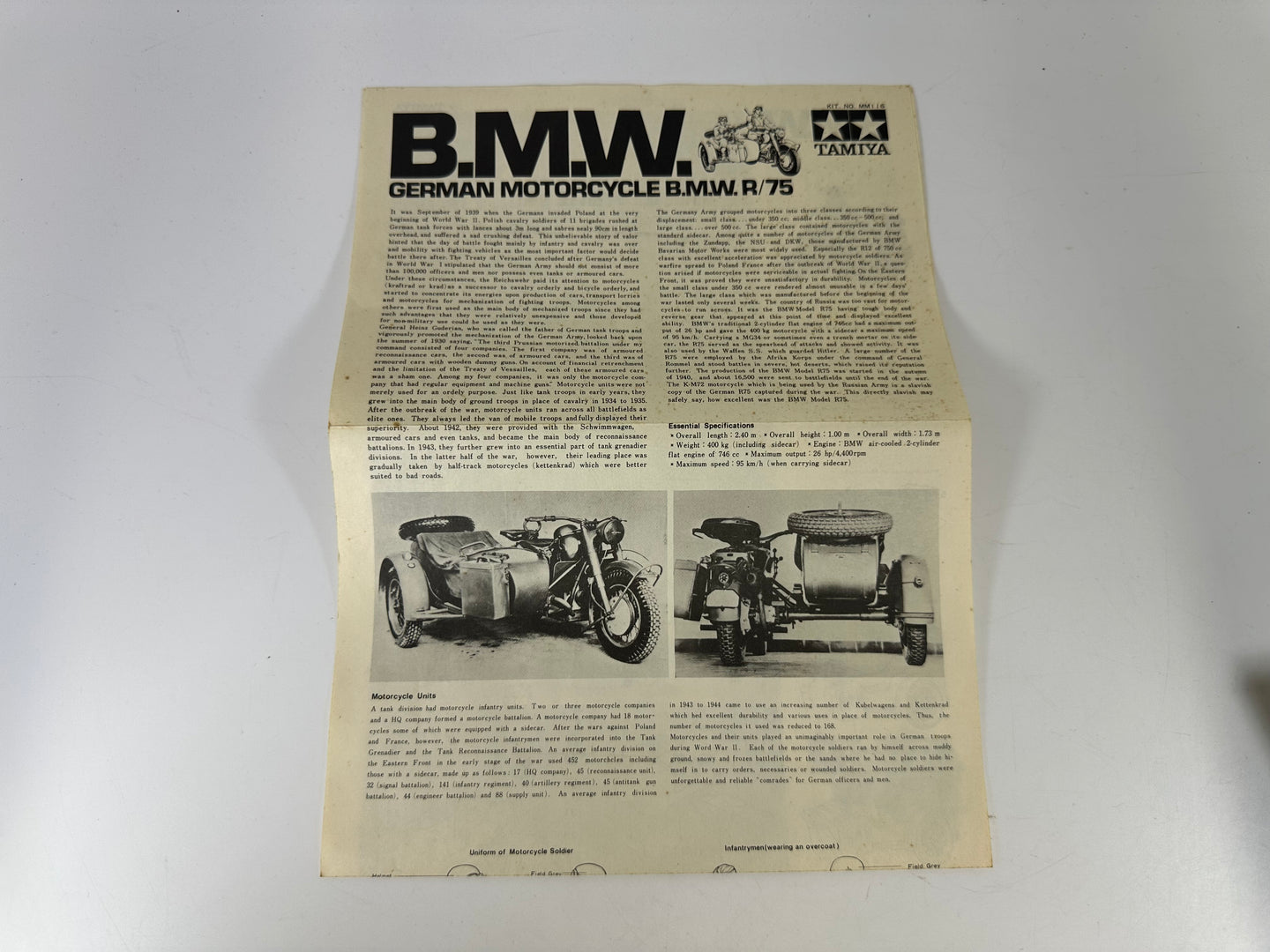 Tamiya MM116 B.M.W. R75 German Motorcycle with Side Car, 1:35 Scale